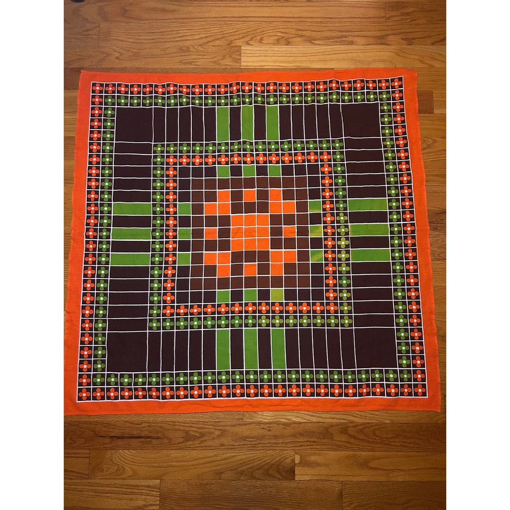 Vintage 70s Retro Square Tablecloth Fabric Retro Grannycore Orange Brown Green